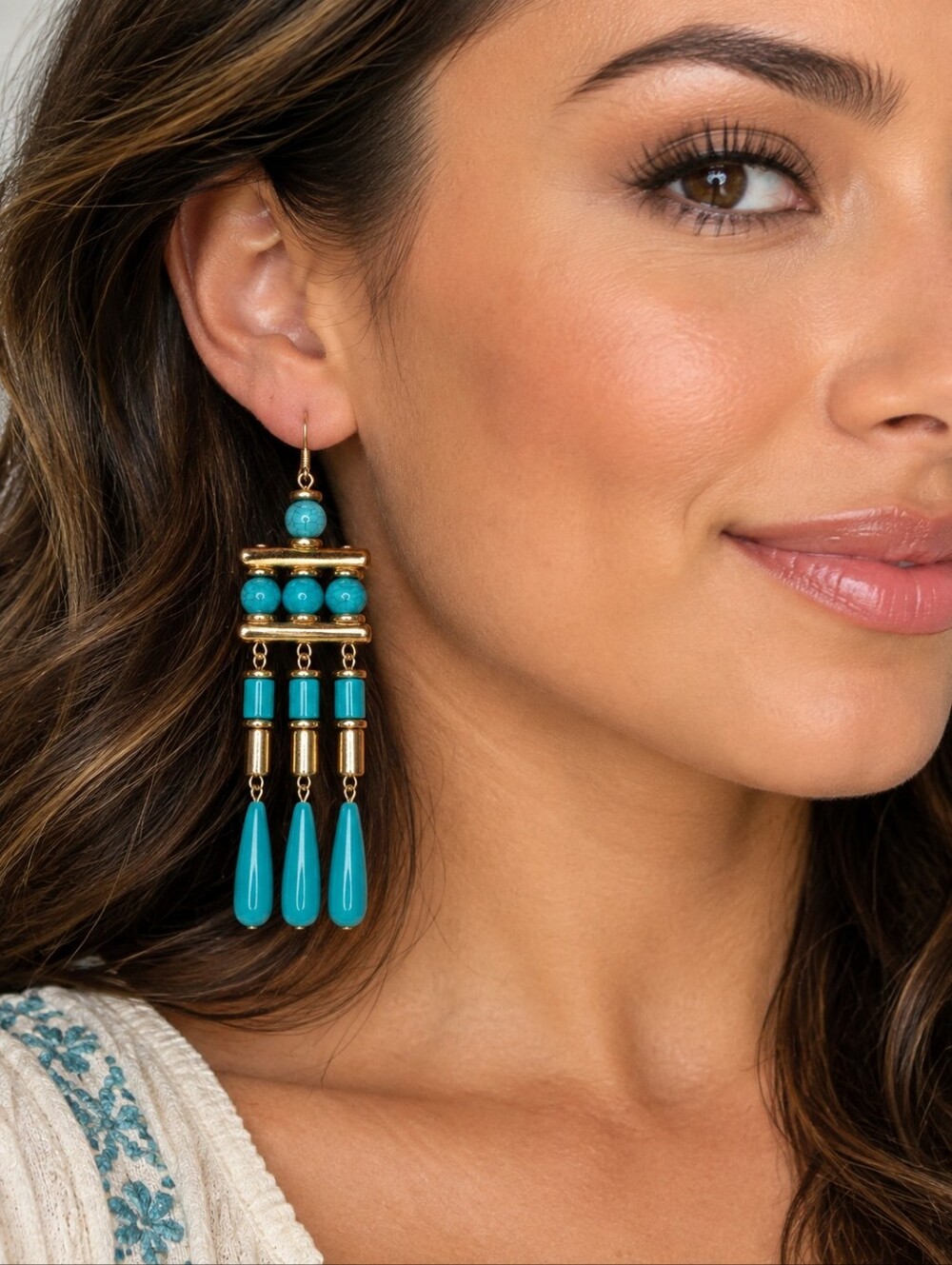 Teal Turquoise Color Beaded Long Boho Chic Chandelier Earrings Fashion Jewelry